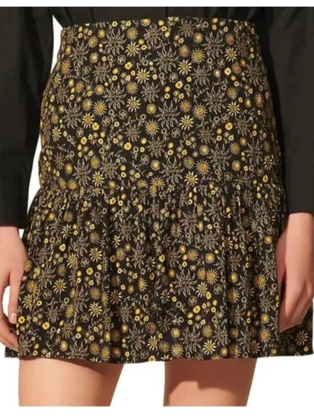 Sandro Cerise Sun Floral Whimsigoth Black Gold Tiered Mini Skirt Size Small (1)